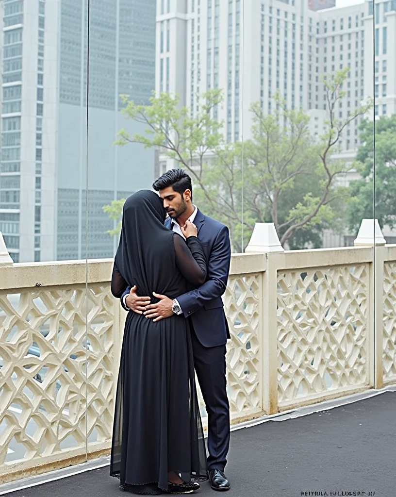 1 handsome and attractive Indian man with sexy Indian married woman bit chubby wearing a black burqa silky is wet. Both are hugging pose. The woman is tanding on the left side of the man. In office. Hyper realistic image detail image. woman standing on left of the man with her navel visible. They are in office meeting room background