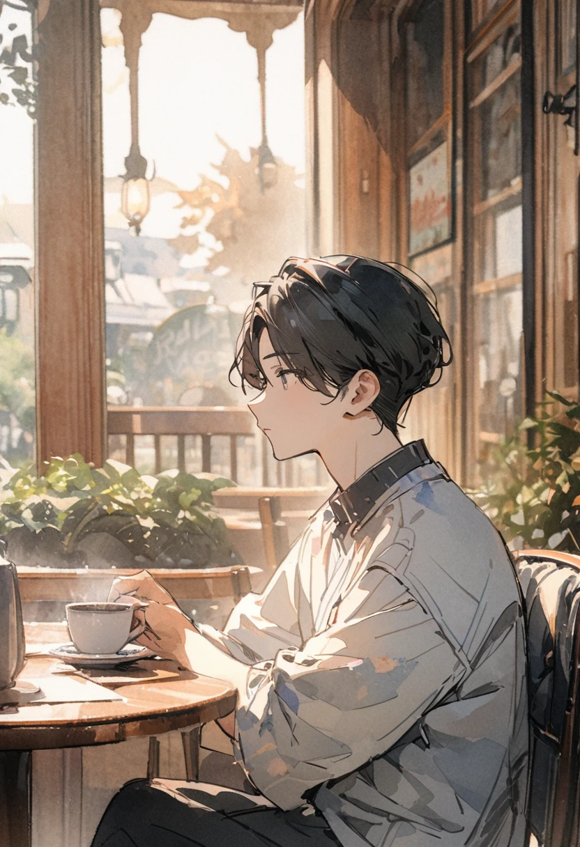 masterpiece,最high quality,Very detailed,High resolution backgrounds,8k,there is nothing,high quality,break,japanese manga style, sketch, Watercolor Colors,Cafe with a nice atmosphere,antique interior,Stylish interior,,slowly,relax,coffee,A boy is sitting on a chair,solo,Get closer to your subject,Black Hair