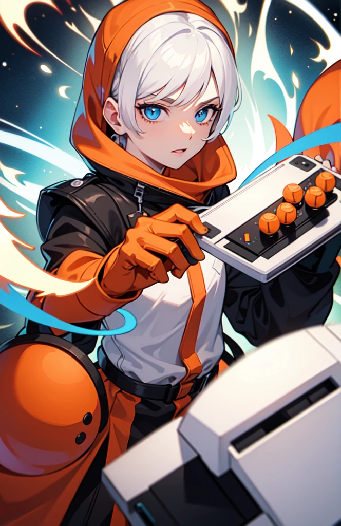 White hair, blue eyes, holding a game joystick, has an orange cat.