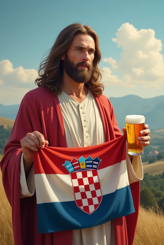 Jesus with Croatian flag and beer in his hand