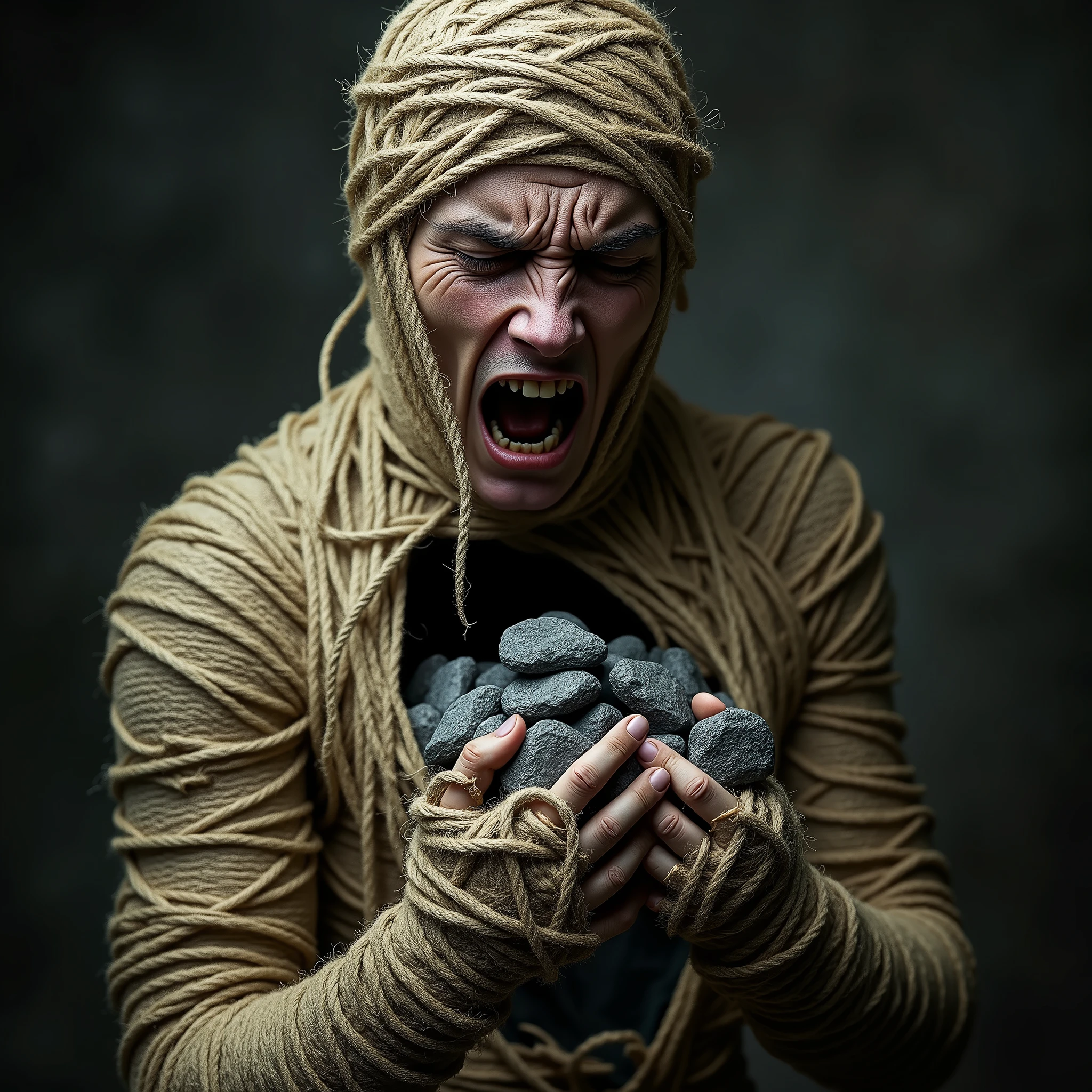 (a close up of a ball of yarn wrapped around a person, inspired by Igor Morski, surreal dark art, trapped in my conscious, dark surreal art, emotional surrealist art, surreal art, human body breaking away, illusion surreal art, by Igor Morski, inspired by Kay Sage, horror surreal art, by Kay Sage, dramatic artwork, great digital art with details). realistic style, photo, photorealistic, high detail, (sharp), (photorealism:1.2), (photo:1.2) of a person completely wrapped in rough, thick twine or rope, creating a sense of constriction and entrapment. The twine covers the entire body, including the hands, which are barely visible through the layers of binding. The person’s stance is tense, with their torso slightly bent forward as they forcefully pull apart an opening in their chest. The edges of the tear are jagged, as if the skin and twine are ripping apart simultaneously.

From the gaping wound in the chest, gray stones tumble out. The stones are various sizes, rough and irregular in shape, adding to the unsettling atmosphere of the scene. The expression on the person’s partially obscured face is one of intense strain and pain, reflecting the physical and emotional turmoil of the act. The background is shadowy and indistinct, further emphasizing the focus on the figure and the eerie transformation taking place. The overall tone of the image is dark and somber, evoking feelings of anguish and despair. , detailed features, ultra realistic