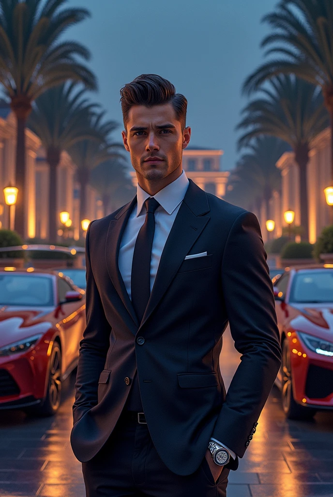  attractive suit with watch in hand and good face shape with attractive hunter eyes and superb hairstyle with 
 muscular Jawline and charming face, great buildings and lots of money and security helicopter and luxurious cars and a big mansion behind him and he was a trillionaire,
 night time
