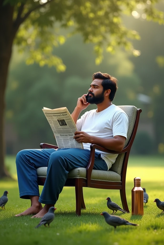 A 30 years Indian brown man is talking on the phone nearer to his left ears. He is at the home lawn, birds are walking on the grass, he sat on the chair. he hold newspaper with right hand. His back side should be displayed. He wears white tshirt, blue night pant. Copper Water bottle should be placed nearer to him. His weight is 66 kg.