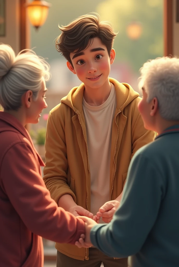 Young man helps elderly people 