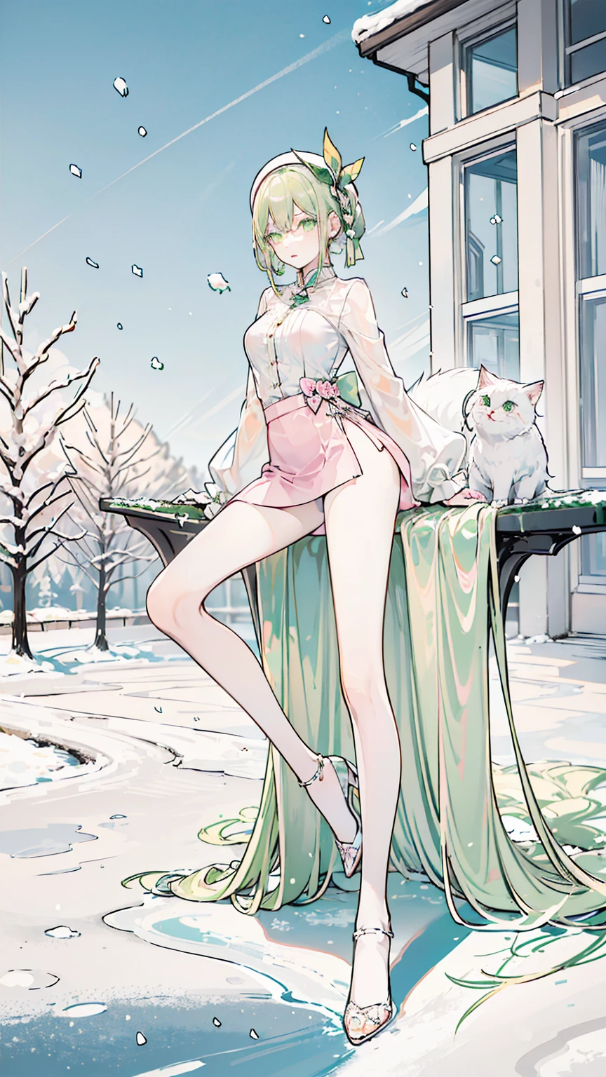 Snowy winter,very slim teen girl,short skirt,high-waist shirt,short white socks,bare legs,white skin,green eyes,long pink hair