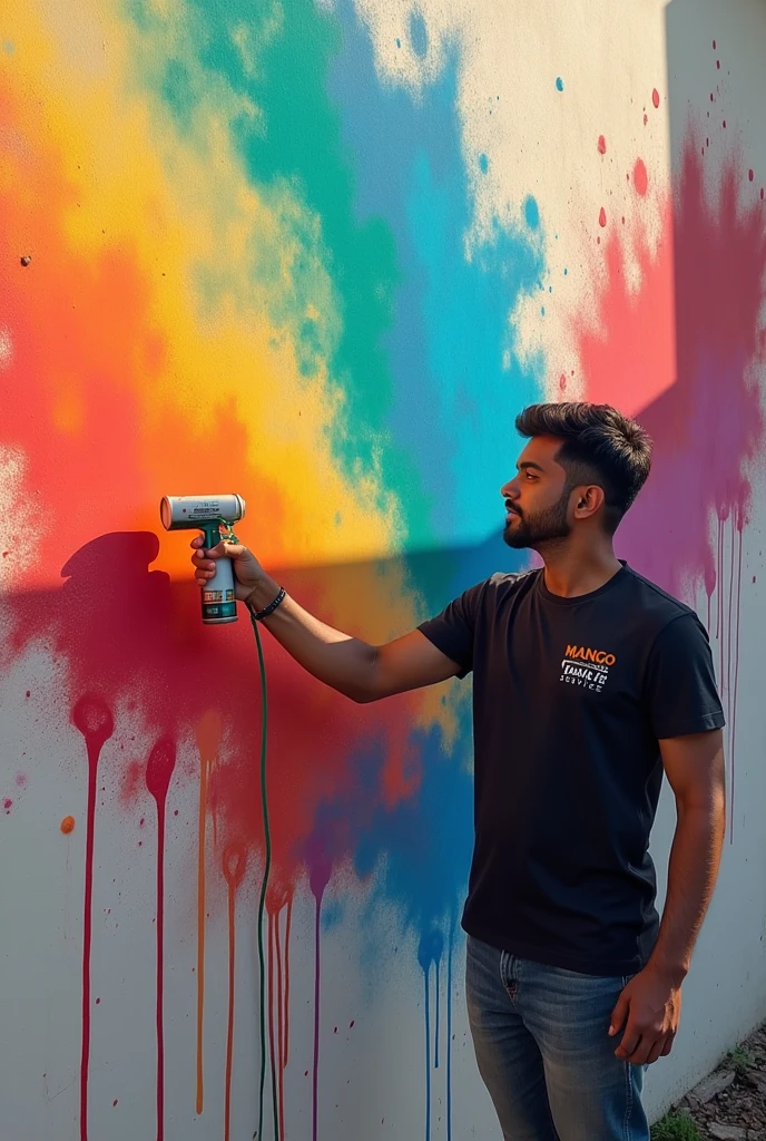  showing a Indian handsome  man holding a spray gun machine to painting on a wall. The boy is wearing casual clothes Black tshirt and written on that black tshirt mango paint service with white colour , possibly a aprin wear also, and is holding a spray can close to the wall. The spray paint creates vibrant colors  The boy's movements are fluid, and the spray paint effects are animated, with mist and color gradually filling in the artwork.please take a monologue from Google for mango paint service 
