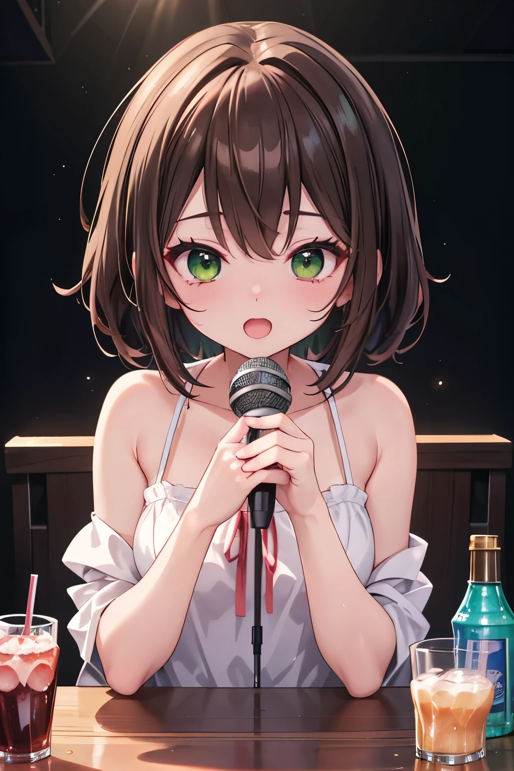 ((masterpiece, Highest quality, High resolution, 超High resolution, Pixel perfect, Written boundary depth, 4K, RTTX 10.0, High resolution))), 1 person, single, alone, Beautiful Anime, Beautiful art style, Anime characters, ((Shortcuts, bangs, Dark brown hair)), ((Green Eyes:1.4, Round eyes, Beautiful eyelashes, current eyes)), ((Smooth texture:0.75, Anime CG style)), ((Dynamic Angle, close)), Perfect body, (cute), Normal chest, whole body, ((4K, 8k, Highest quality, Perfect Fingers: 1.3, Perfect Anatomy: 1.3, Background Blur)), whole bodyアングル, Illustration of a person singing karaoke, Characters in casual clothes、With a microphone in his hand、Singing happily, her face is lively, In the background is the bright lights of a karaoke room., Drinks and snacks are on the table