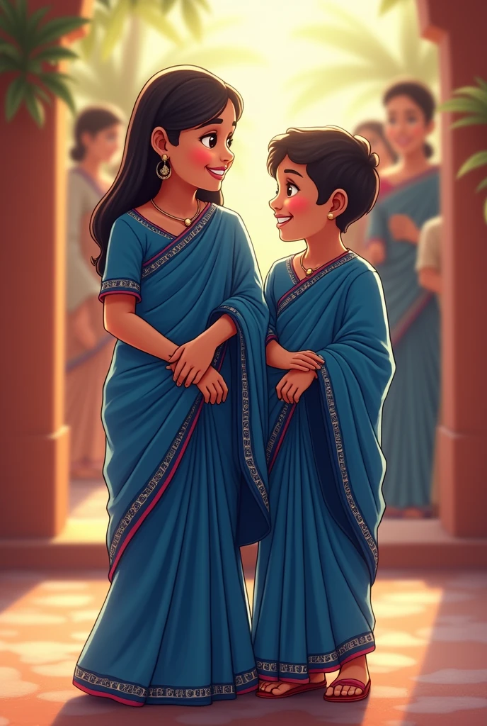 New home ceremony function girl and boy friends wear same blue colour drs and gurl wear half saree age 19 yrs old