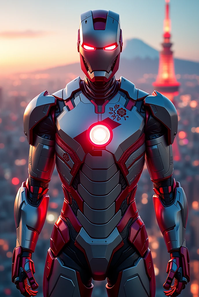 Create a highly detailed image of a Japanese version of Iron Man, standing heroically with a modern Tokyo cityscape in the background. The armor should be inspired by traditional Japanese elements, featuring sleek designs with colors like white, red, and black, and incorporating motifs such as cherry blossoms, samurai armor, or katana-inspired elements. The Japanese flag, with its iconic red circle, should be prominently displayed on the chest plate. The background should feature the Tokyo skyline, including landmarks like Tokyo Tower and Mount Fuji in the distance, set against a twilight or nighttime scene with neon lights and bustling city energy. The overall vibe should be powerful, elegant, and patriotic, blending high-tech with traditional Japanese aesthetics."