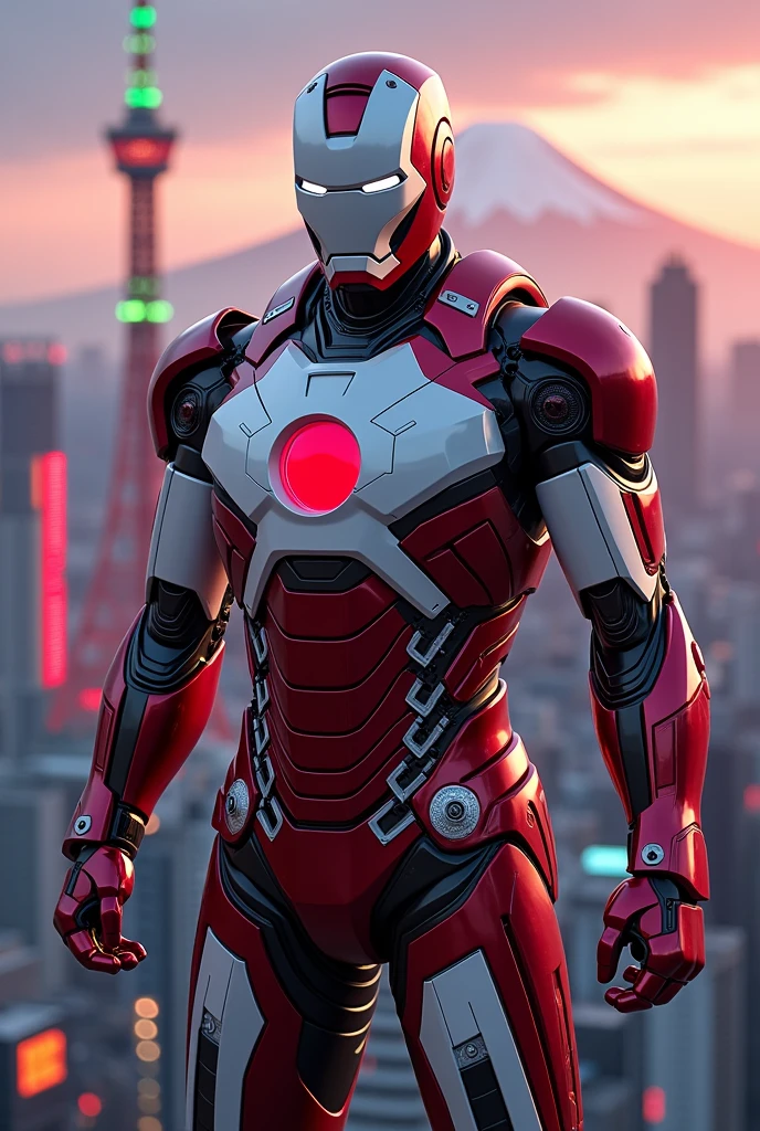 Create a highly detailed image of a Japanese version of Iron Man, standing heroically with a modern Tokyo cityscape in the background. The armor should be inspired by traditional Japanese elements, featuring sleek designs with colors like white, red, and black, and incorporating motifs such as cherry blossoms, samurai armor, or katana-inspired elements. The Japanese flag, with its iconic red circle, should be prominently displayed on the chest plate. The background should feature the Tokyo skyline, including landmarks like Tokyo Tower and Mount Fuji in the distance, set against a twilight or nighttime scene with neon lights and bustling city energy. The overall vibe should be powerful, elegant, and patriotic, blending high-tech with traditional Japanese aesthetics."