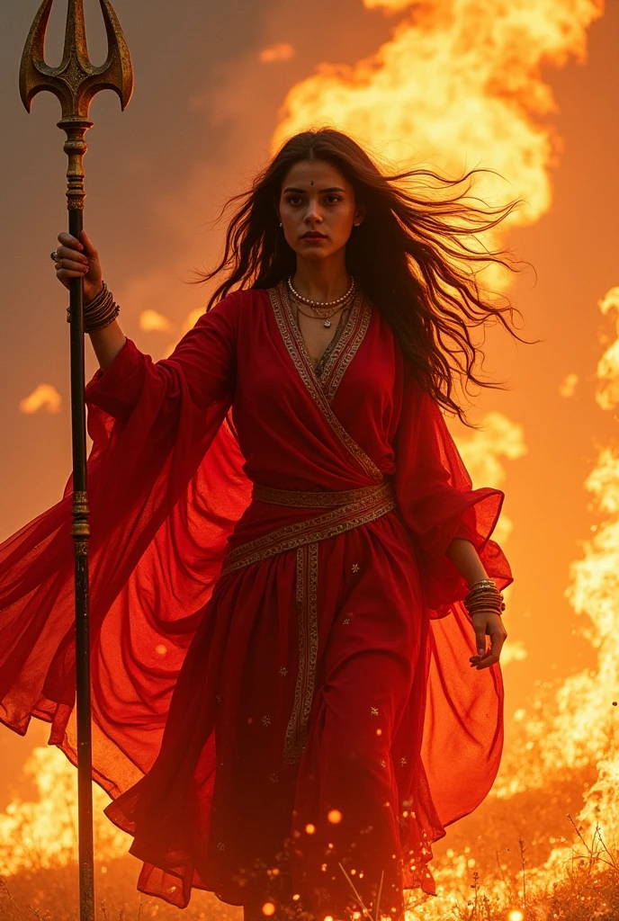 "A 22-year-old girl, wearing a red shalwar suit that covers her entire body and hands, has a round face and long, flowing hair that is fully covered by her dupatta, fluttering in the wind. She embodies the form of Durga, holding a powerful trident in her hand, which exudes immense strength and beauty. Her face is round and radiant, consumed by anger, surrounded by flames and multiple tridents, with a long, blazing fire spreading in all directions. Many fierce girls stand before her, bowing down in reverence. Upon seeing her, all enemies flee in terror, and blood is spilled everywhere."