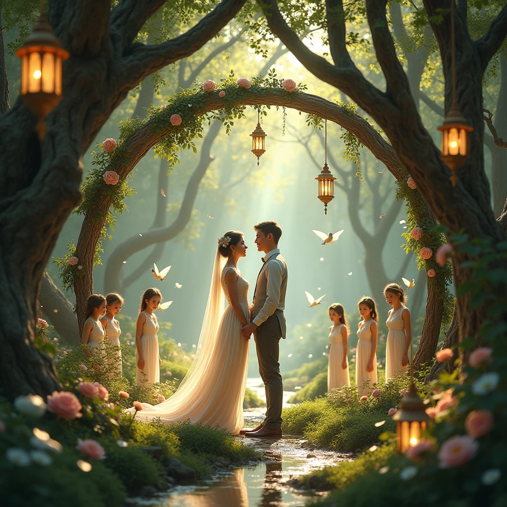 A fantasy wedding in a magical forest, with fairies and enchanted decorations