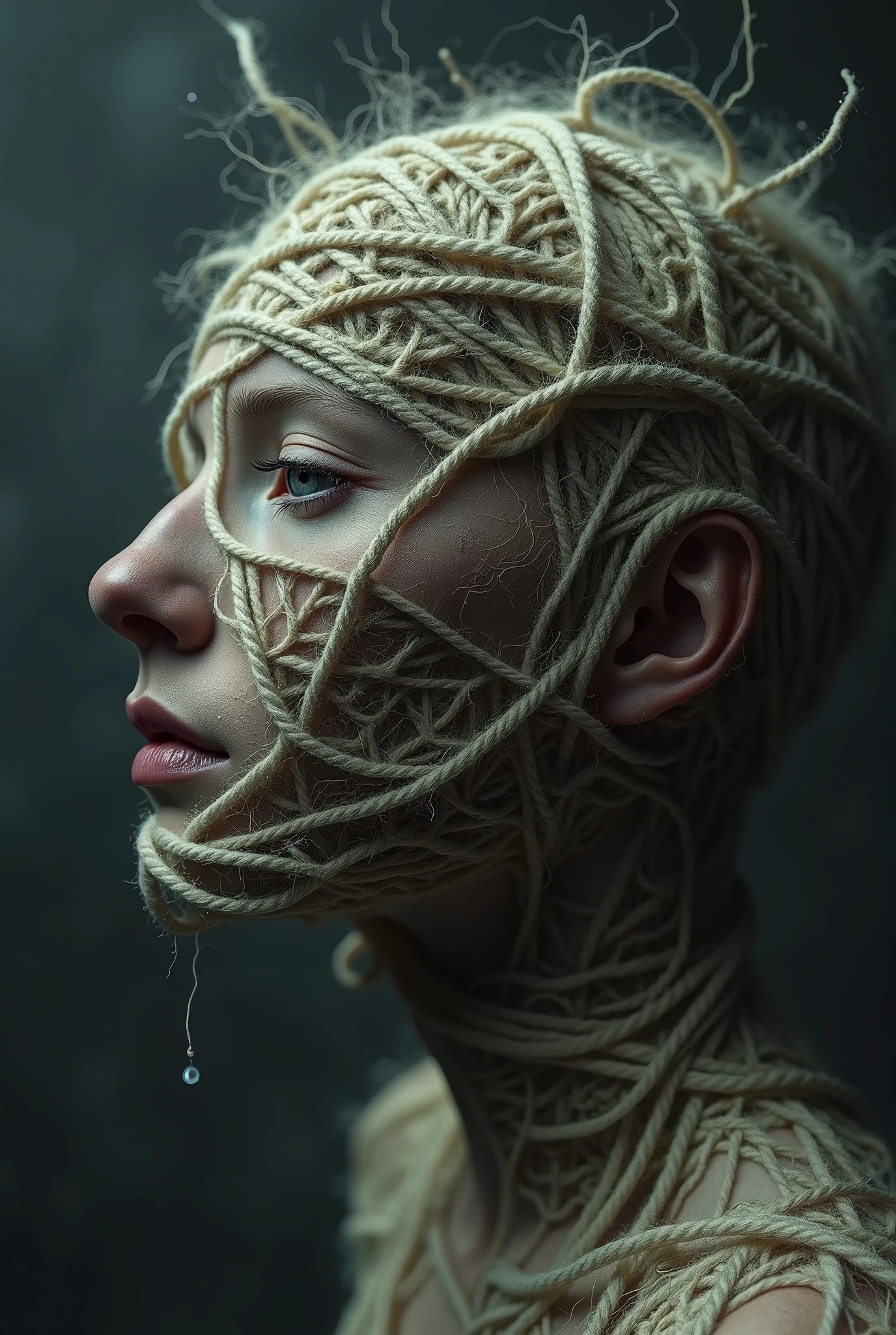 (a close up of a ball of yarn wrapped around a person, inspired by Igor Morski, surreal dark art, trapped in my conscious, dark surreal art, emotional surrealist art, surreal art, human body breaking away, illusion surreal art, by Igor Morski, inspired by Kay Sage, horror surreal art, by Kay Sage, dramatic artwork, great digital art with details)