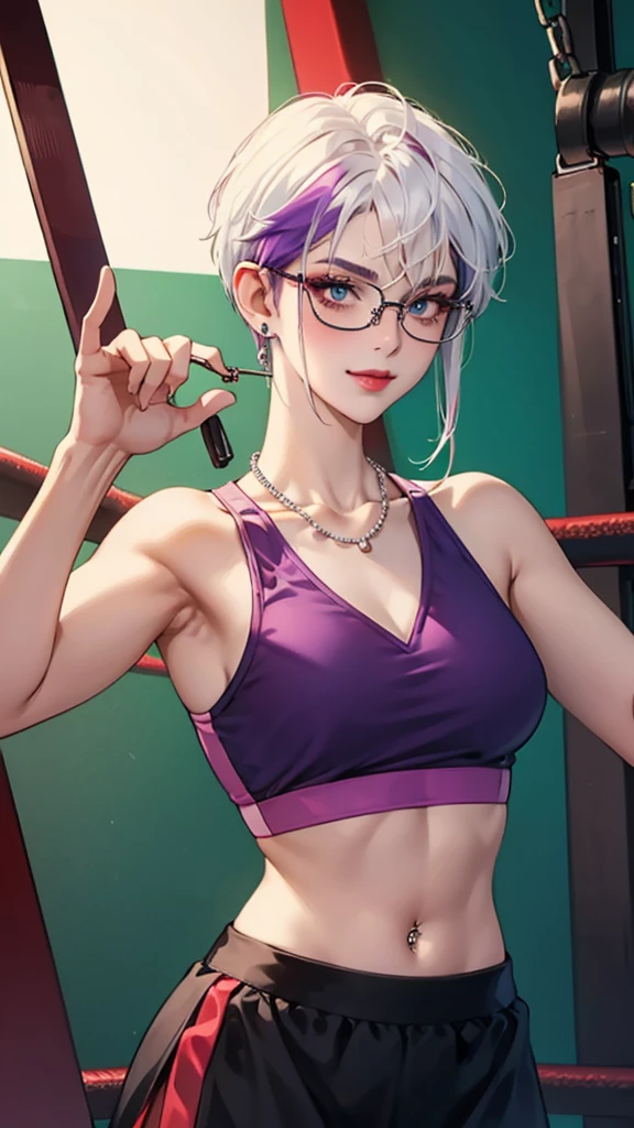 8k, masterpiece, best quality, highly detailed, 1 girl, tiefling, warlock, pixie cut, multicolored hair, very short straight hair red highlight hair on white hair, strippled hair, wearing glasses, round glasses, earrings, navel piercing, red eyeshadow, long eyelashes, blushed cheek, red lips, pearl necklace, rings, collarbone, mole on face, glamorous, teal and purple clothes, sleeveless, sport skirt, sport bra, smirk, close up view, rings, looking at viewer, demon horns, boxing gym.