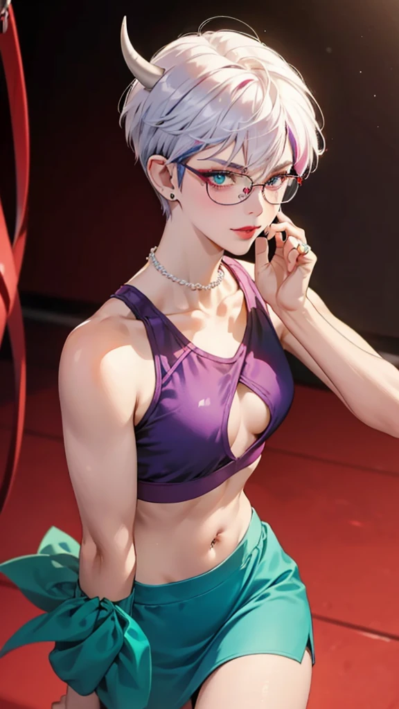 8k, masterpiece, best quality, highly detailed, 1 girl, tiefling, warlock, pixie cut, multicolored hair, very short straight hair red highlight hair on white hair, strippled hair, wearing glasses, round glasses, earrings, navel piercing, red eyeshadow, long eyelashes, blushed cheek, red lips, pearl necklace, rings, collarbone, mole on face, glamorous, teal and purple clothes, sleeveless, sport skirt, sport bra, smirk, close up view, rings, looking at viewer, demon horns, boxing gym.