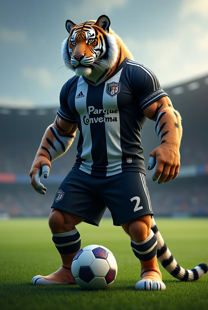 create a design of a mascot with a black and white Siberian tiger face standing on a football field, PARQUE CONVEIMA black and white football shirt and stepping on a football