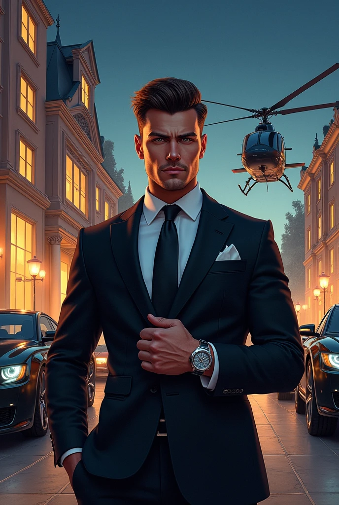 attractive suit with watch in hand and good face shape with attractive hunter eyes and superb hairstyle with
muscular Jawline and charming face, great buildings and lots of money and security helicopter and luxurious cars and a big mansion behind him and he was a trillionaire,
night time