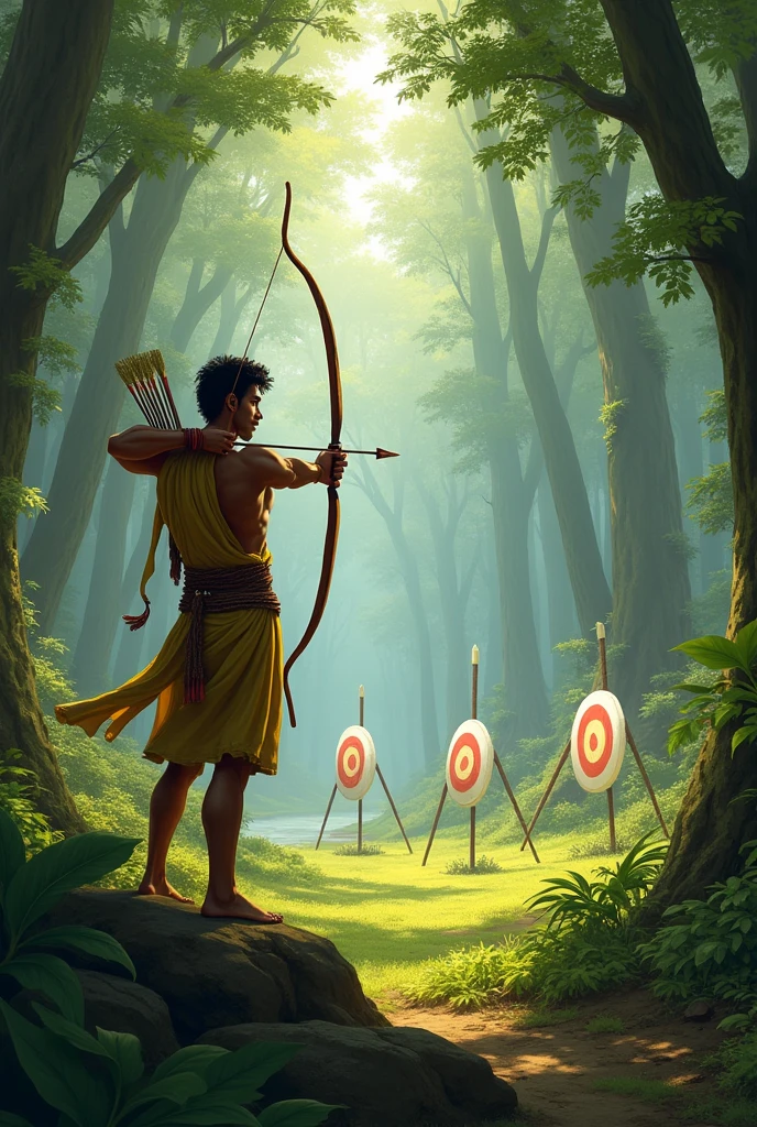 Ekalavya shooting arrows at multiple targets in the forest, hitting them perfectly with remarkable precision.**