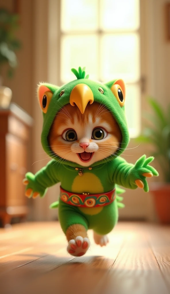 3D cute kitten character、Happy Green Parrot Costume、running、Inside the house、masterpiece, Background Blur, Belt decorated with parrots、Shut your mouth.,