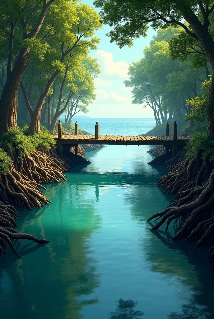 The water from the canals flows into the sea. There is a wooden bridge over the canal. There are mangrove forests on both sides.