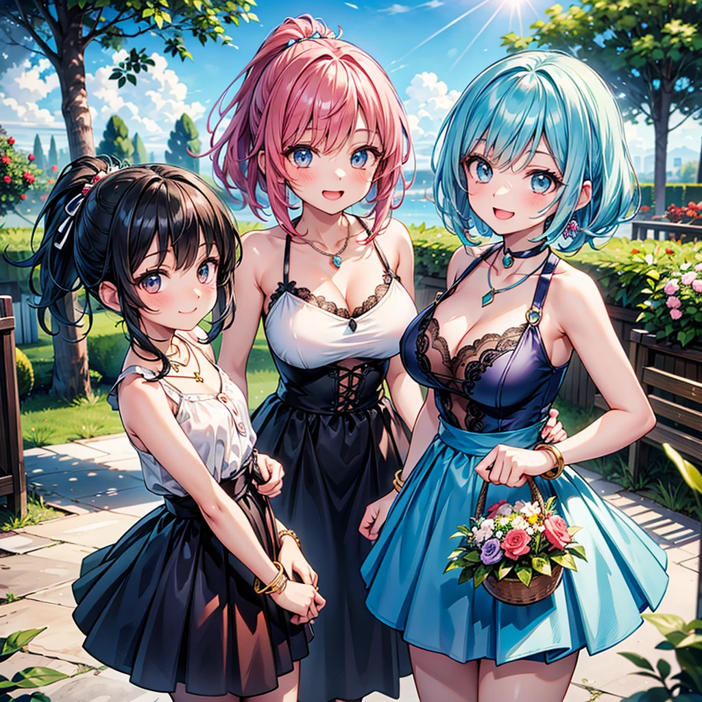 Anime Moe Art Style,Highest quality,High resolution,Anatomically correct,-teeth her light blue hair in a ponytail,Super detailed,Big Breasts,Shiny skin,Beautiful Skin,A rich expression,Bright smile,Laughing with your mouth open,garden,Playing with children,Sleeveless blouse,flare skirt,necklace,bracelet,hair ornaments,Eyes drawn in detail,8k