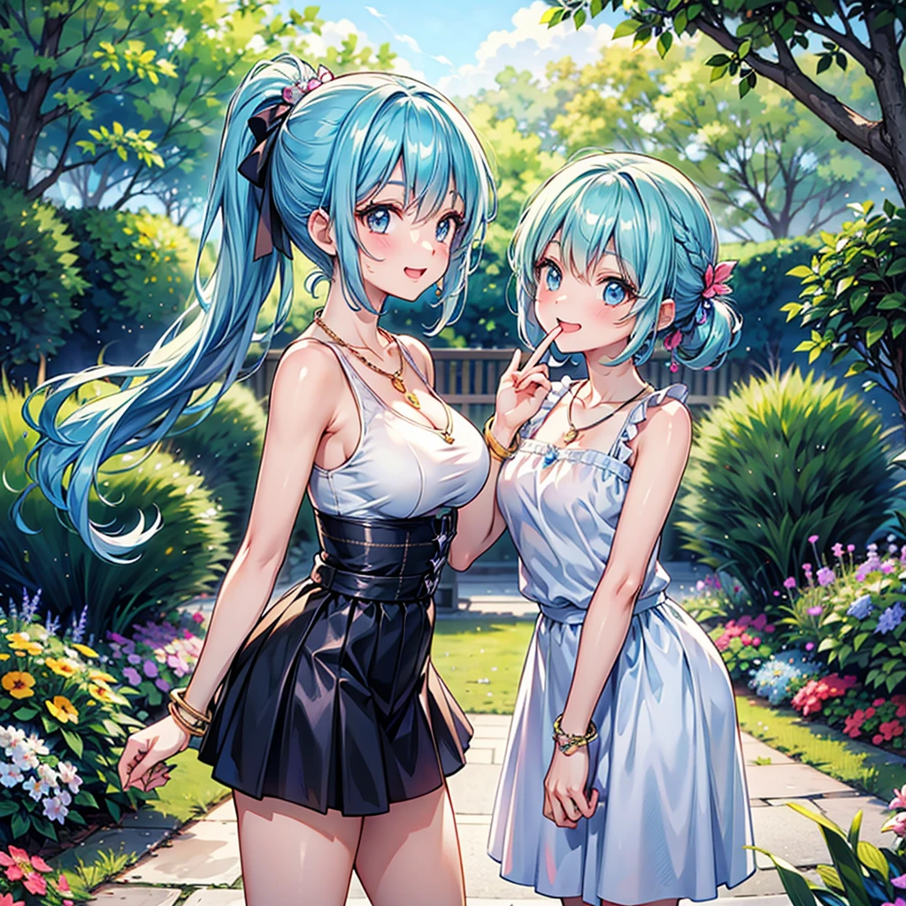 Anime Moe Art Style,Highest quality,High resolution,Anatomically correct,Mid-teens,With her light blue hair in a ponytail,Super detailed,Big Breasts,Shiny skin,Beautiful Skin,A rich expression,Bright smile,Laughing with your mouth open,garden,Playing with children,Sleeveless blouse,flare skirt,necklace,bracelet,hair ornaments,Eyes drawn in detail,8k