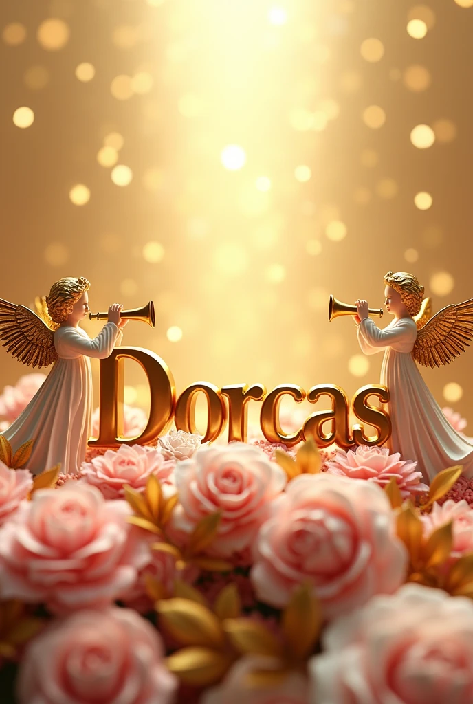 Le nom 'DORCAS' doré plat en 3D avec des anges autour de lui avec une trompette et accueillant les autres, allongé sur des bouquets de fleurs roses et blanches avec des feuilles dorées, sur fond de particules d'or scintillantes