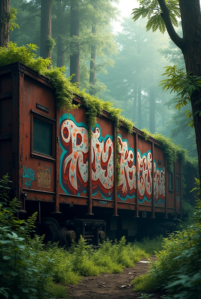 A graffiti with the name REGI on an abandoned train in the middle of a forest and the letters intertwined in style 