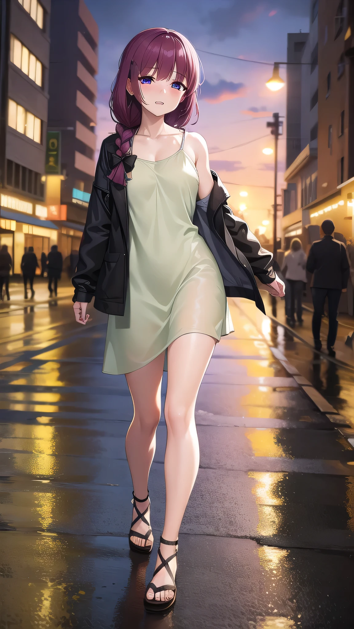 BREAK looking at viewer, BREAK (masterpiece:1.2), best quality, high resolution, unity 8k wallpaper, (illustration:0.8), (beautiful detailed eyes:1.6), extremely detailed face, perfect lighting, extremely detailed CG, (perfect hands, perfect anatomy),city,buildings,street, neon lights,wet road,reflections,night,kikuri hiroi, black bow, blunt bangs, braid, closed eyes, fang, hair bow, hair over shoulder, long hair, purple hair, sidelocks, single braid,
black jacket, brown footwear, collarbone, dress, green dress, jacket, long sleeves, open clothes, open jacket, raglan sleeves, sandals, white sleeves,upper body, nipples see through.