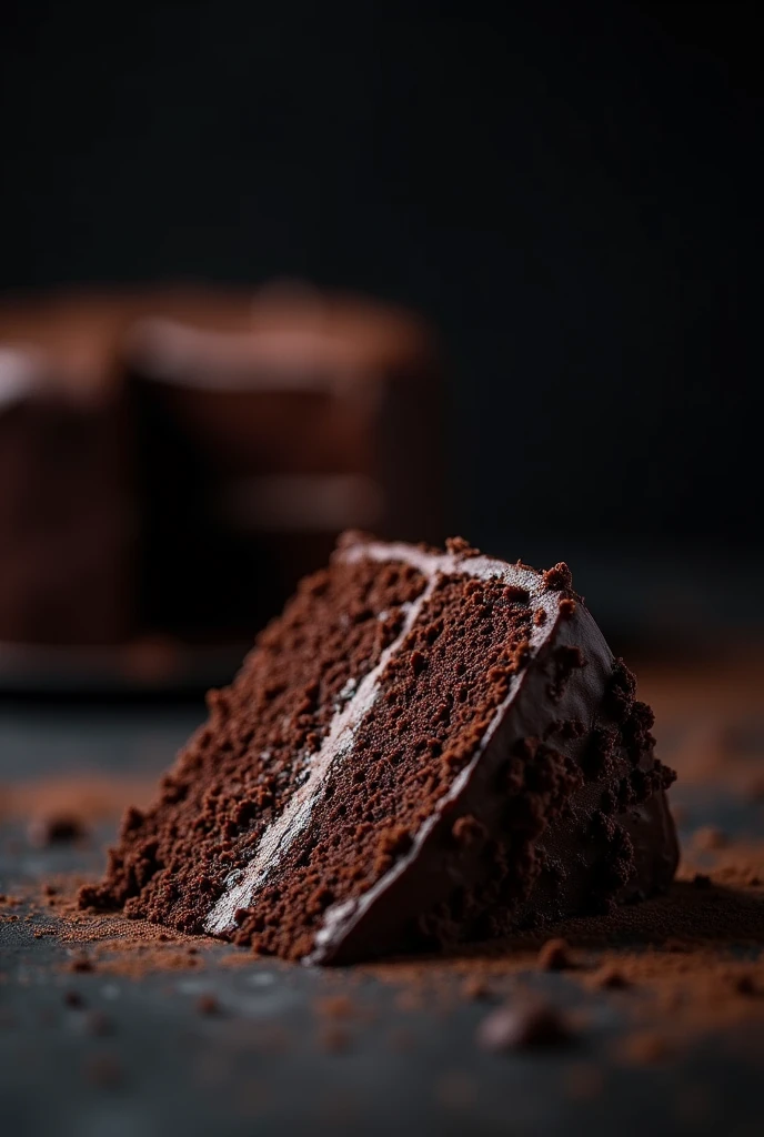 cinematic film still chocolate, chocolate cake, dark background, quality photo, moist texture, frosting, studio photo, slice . shallow depth of field, vignette, highly detailed, high budget, bokeh, cinemascope, moody, epic, gorgeous, film grain, grainy