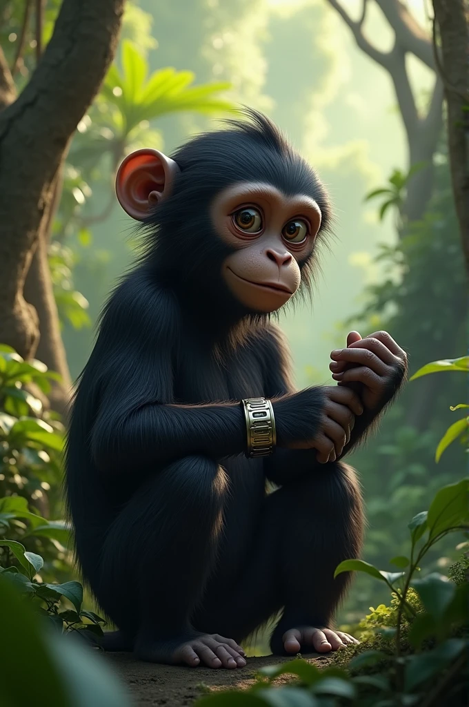 Un mono Bonobo en la selva usando un smartwatch