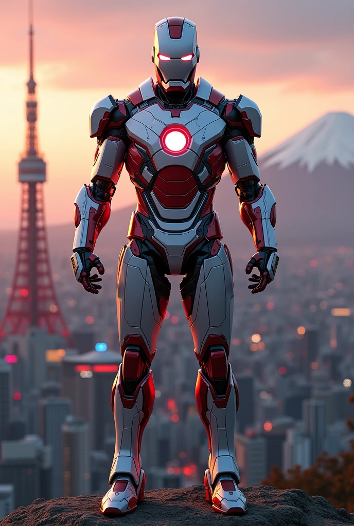 Create a highly detailed image of a Japanese version of Iron Man, standing heroically with a modern Tokyo cityscape in the background. The armor should be inspired by traditional Japanese elements, featuring sleek designs with colors like white, red, and black, and incorporating motifs such as cherry blossoms, samurai armor, or katana-inspired elements. The Japanese flag, with its iconic red circle, should be prominently displayed on the chest plate. The background should feature the Tokyo skyline, including landmarks like Tokyo Tower and Mount Fuji in the distance, set against a twilight or nighttime scene with neon lights and bustling city energy. The overall vibe should be powerful, elegant, and patriotic, blending high-tech with traditional Japanese aesthetics Japanese flag on chest