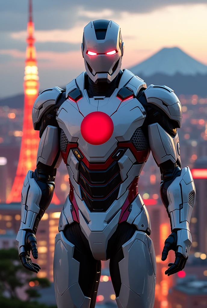 
Create a highly detailed image of a Japanese version of Iron Man, standing heroically with a modern Tokyo cityscape in the background. The armor should be inspired by traditional Japanese elements, featuring sleek designs with colors like white, red, and black, and incorporating motifs such as cherry blossoms, samurai armor, or katana-inspired elements. The Japanese flag, with its iconic red circle, should be prominently displayed on the chest plate. The background should feature the Tokyo skyline, including landmarks like Tokyo Tower and Mount Fuji in the distance, set against a twilight or nighttime scene with neon lights and bustling city energy. The overall vibe should be powerful, elegant, and patriotic, blending high-tech with traditional Japanese aesthetics Japanese flag on chest