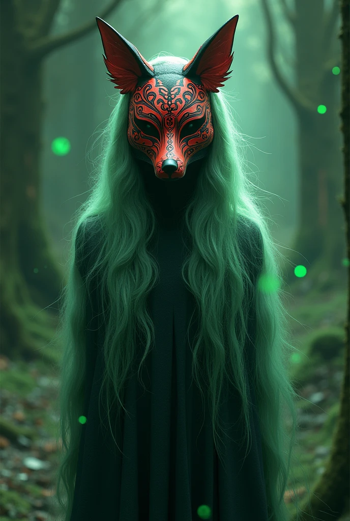 A mystical character wearing a detailed fox mask with red and black patterns, long flowing greenish-silver hair, standing in a dimly lit forest with glowing green particles floating around. The character exudes an ethereal and enigmatic aura, with the mask symbolizing mystery and wisdom, while the intricate details and colors of the mask and background add a sense of magical realism.
