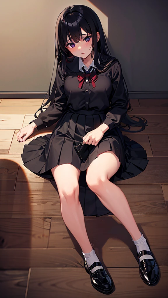 A group of girls in long black skirts are killing and strangling a boy on the floor in an anime