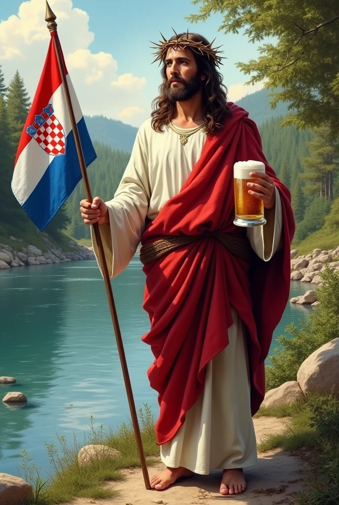 Jesus with Croatian flag and beer in hand next to Drava river