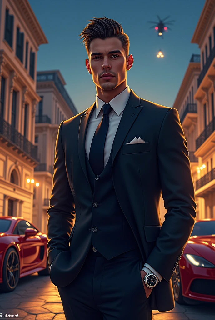  attractive suit with watch in hand and good face shape with attractive hunter eyes and superb hairstyle with 
 muscular Jawline and charming face, great buildings and lots of money and security helicopter and luxurious cars and a big mansion behind him and he was a trillionaire,
 night time
