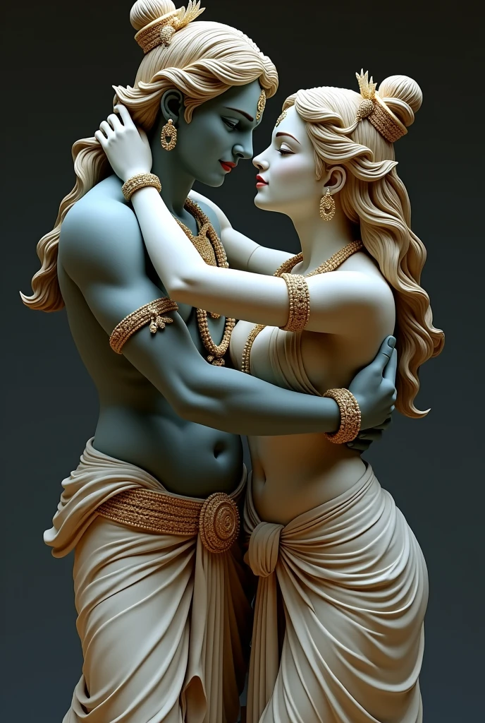 Radha is lord krishna men love siting hug pose
statue cloth colur change. The bothar hands one different shape, looking at eye to eye
,both clear faces back colur meke a different pose