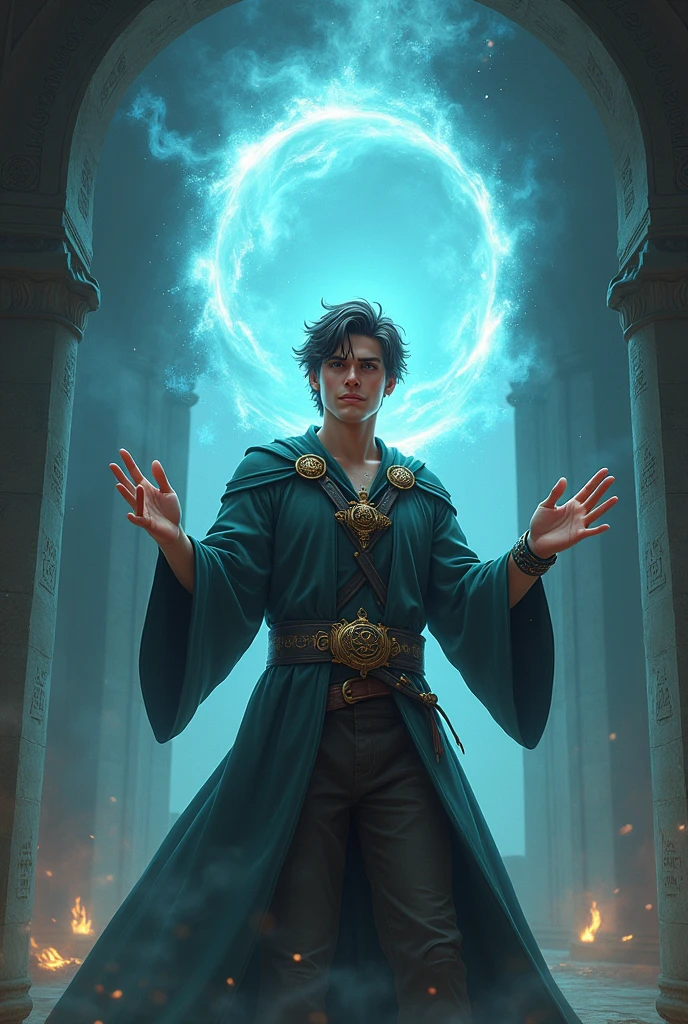 A young and handsome wizard casting a spell  to open a magical get 