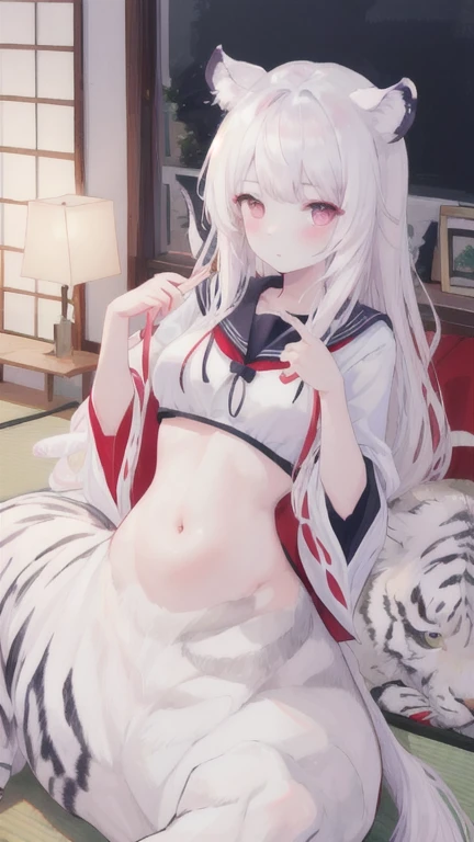 (best quality, masterpiece), 1 girl, centaur, I beg, White skin, Japanese schoolgirl,daughter,black pink, exposing the abdomen, belly button t-shirt , beautiful girl perfect, White tiger photo, 완벽한 White tiger photo