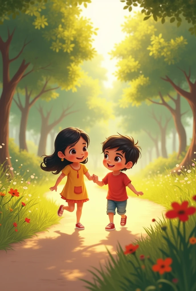 Childhood Friends:

Scene: Sākṣī and Ākāś playing together as children.
Prompt: "A nostalgic scene of two children, a girl and a boy, playing together in a sunny park. They are laughing and enjoying each other's company."