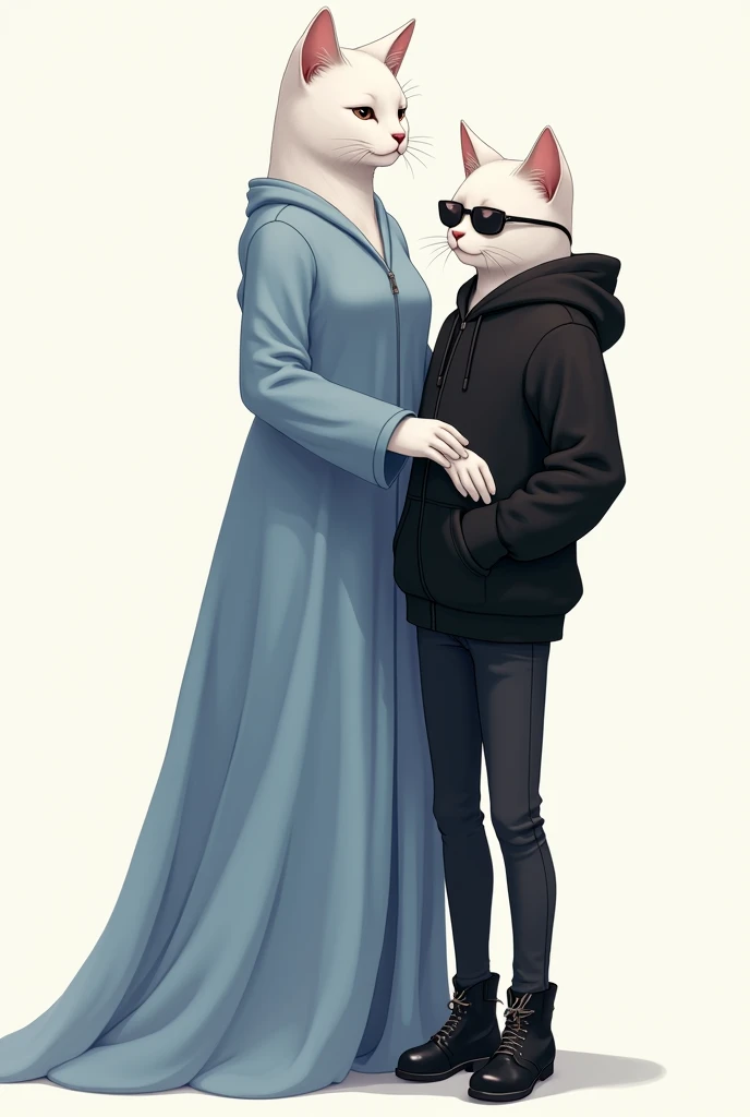 tall beautiful white cat dressed in plain blue frock is holded by white cat dressed in black hoodie and black jeans with black glasse on back