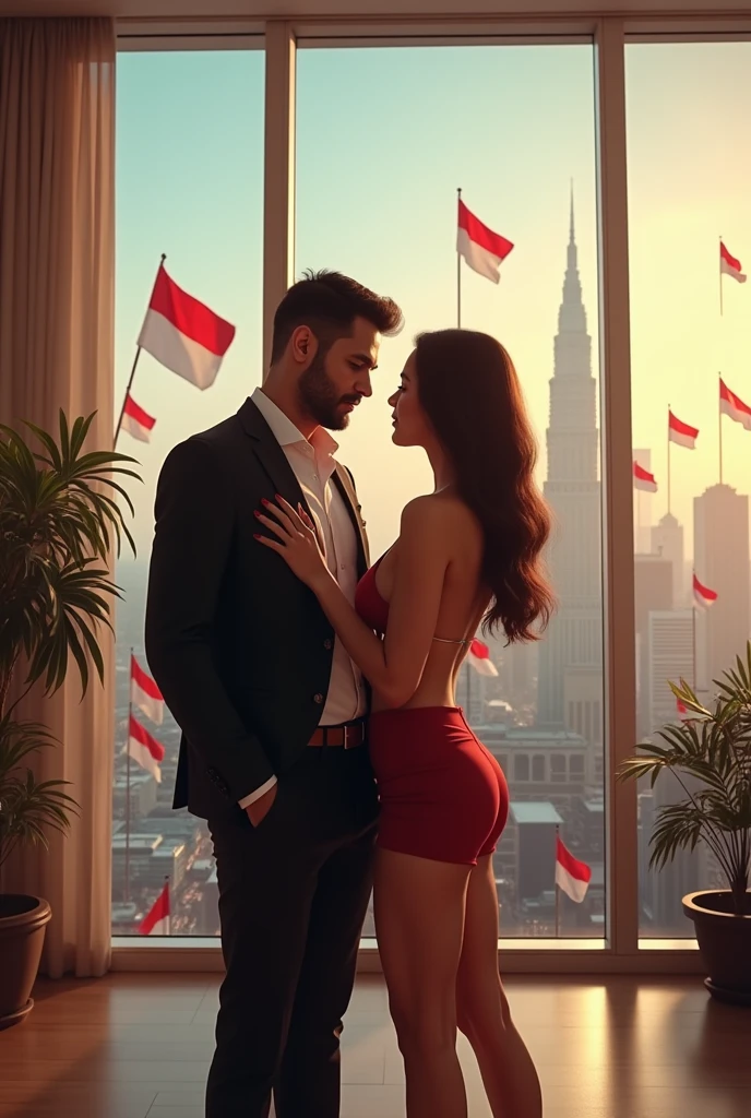 photorealism:1.2), Indonesian man, 40 years old, fat, neat short black hair, a little beard, face facing the camera, in a luxurious office area, casual suit so close standing beside a beautiful, sexy woman, wearing a short skirt and high heels, glass background with urban panorama and Indonesian independence day celebration with many red and white flags, visible from a tall building, realistic, intricate details, warm colors, by Greg Rutkowski, by Alphonse Mucha