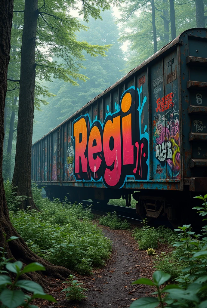 A graffiti with the name REGI on an abandoned train in the middle of a forest and the letters with style
