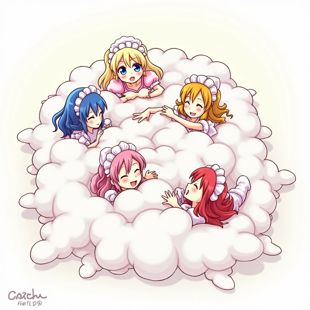 An anime-style illustration depicting four maids and princess playfully wrestling with each other inside a pink comical fight cloud.
each girl has different colored hair.one princss with blonde long braided and blue-eyes and pink-dress.
their faces,hands,and feet are visible emerging from the cloud as they tussle humorously, with the rest of their bodies completely hidden inside the cloud.
the illustration emphasizes the humorous and energetic nature of their scuffle,with a fluffy and exaggerated fight cloud.