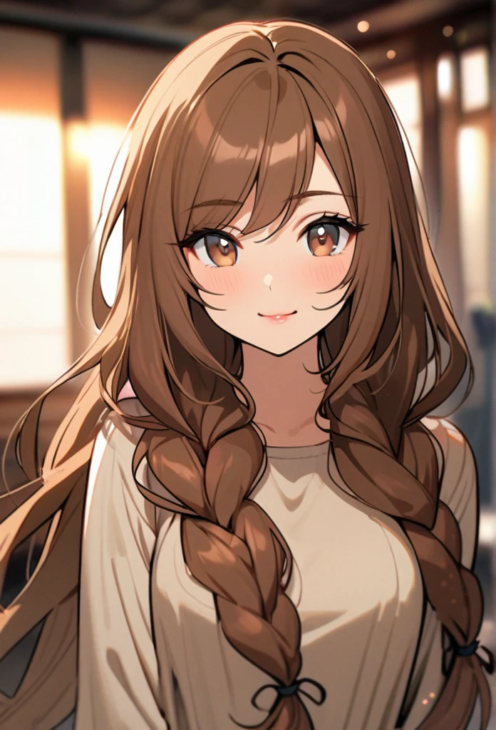 Gỉtl, beautiful, cute, brown hair, brown eyes, double plait hair, long hair, Solo, mature