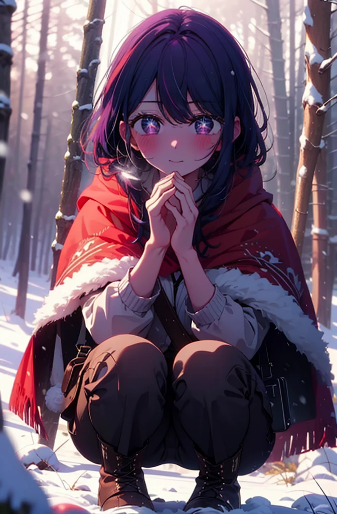 aihoshino, Ai Hoshino, Long Hair, bangs, (Purple eyes:1.1), Purple Hair, (Symbol-shaped pupil:1.5), smile,,smile,blush,white breath,
Open your mouth,snow,Ground bonfire, Outdoor, boots, snowing, From the side, wood, suitcase, Cape, Blurred, , forest, White handbag, nature, Squat, Mouth closed, Cape, winter, Written boundary depth, Black shoes, red Cape break looking at viewer, Upper Body, whole body, break Outdoor, forest, nature, break (masterpiece:1.2), Highest quality, High resolution, unity 8k wallpaper, (shape:0.8), (Beautiful and beautiful eyes:1.6), Highly detailed face, Perfect lighting, Highly detailed CG, (Perfect hands, Perfect Anatomy),