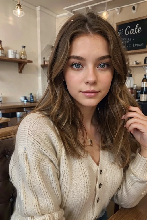 Belle brune aux reflets blonds portant un pull beige (in a cafe drinking soda), very detailed, 22 ans, visage innocent, natural wavy hair, blue eye, high resolution, head of'artwork, best quality, intricate details, very detailed, mise au point nette, detailed skin, texture de peau réaliste, texture, detailed eyes, professionnel, 4K, charming smile, filmed on Canon, 85 millimeters, shallow depth of field, Kodak Vision Color, corps parfaitement ajusté, extremely detailed, Photograph_\(ultra\), Photorealistic, realistic, Post-traitement, maximum details, roughness, real life, ultra realistic, photorealism, photographie, 8k uh, photographie