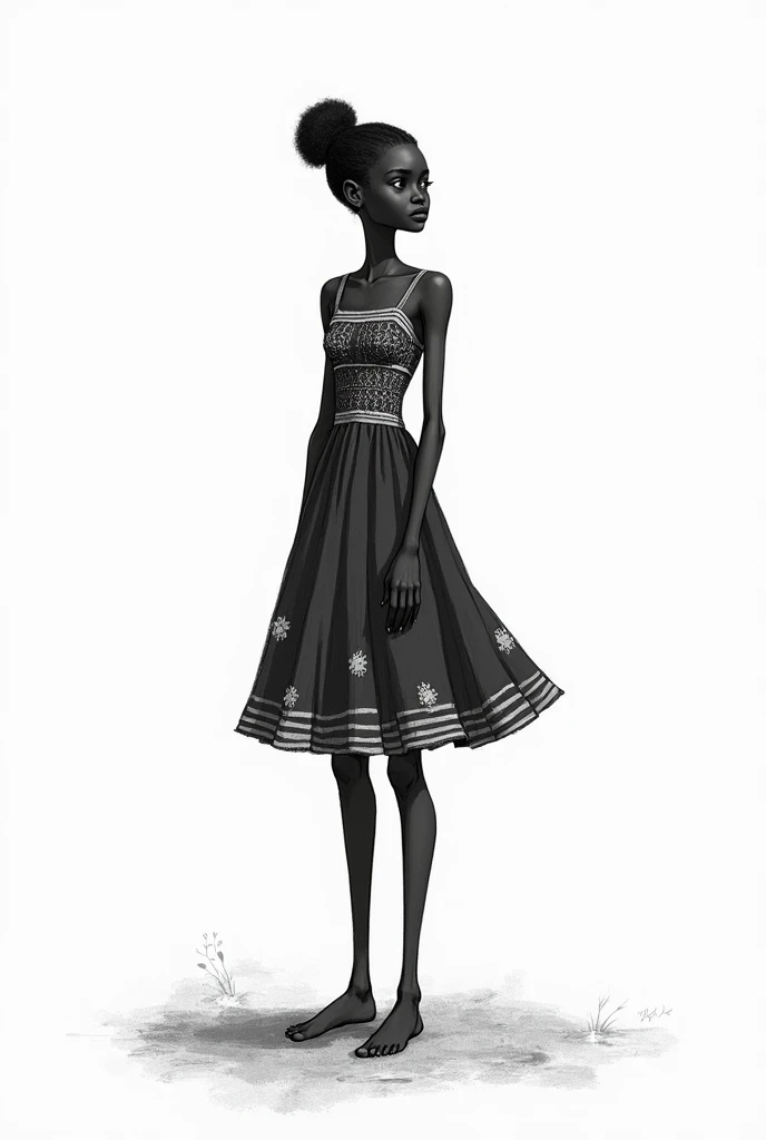 A black and white rough drawable picture of Ghanaian girl with long thin legs and wearing traditional Ghanaian dress