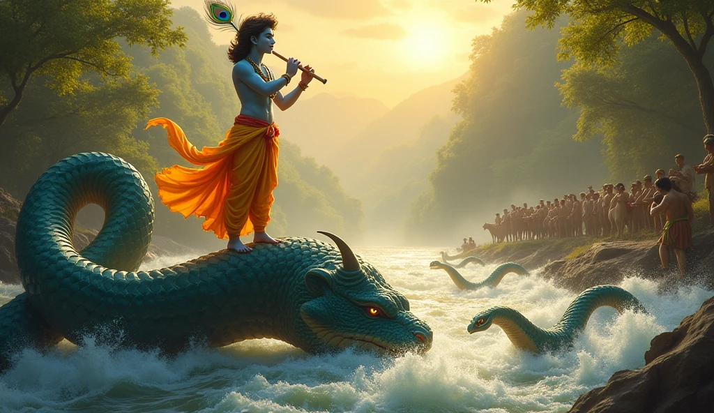 Create an image of Lord Krishna standing victoriously on the multi-headed serpent Kaliya. Krishna, a young and radiant figure, is depicted with a calm and divine expression. He stands gracefully on Kaliya's hood, playing his flute with one hand while holding a vibrant peacock feather in his hair. The serpent, with its numerous menacing heads, coils beneath Krishna in a turbulent river, its fierce eyes now subdued and obedient. The water around them ripples with energy, reflecting the battle's intensity. In the background, lush greenery and a group of awestruck onlookers, including cows and villagers, watch the divine spectacle unfold. The scene is bathed in a golden, otherworldly light, emphasizing the triumph of good over evil.